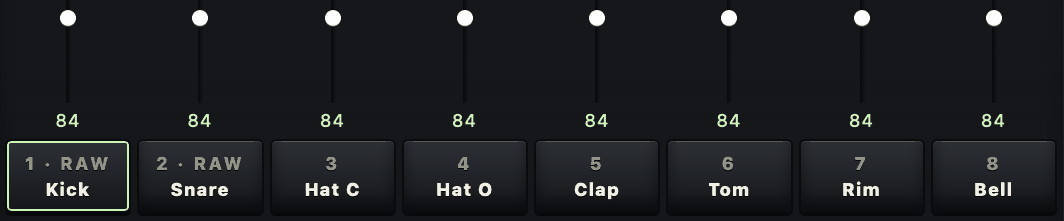 The eight sliders above the eight pads.