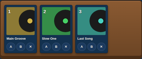 The crate with three records standing in it, each with A, B and remove buttons.